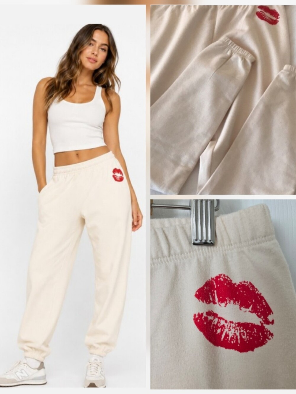 Wildfox Cream Sweatpants with Red Lip Design